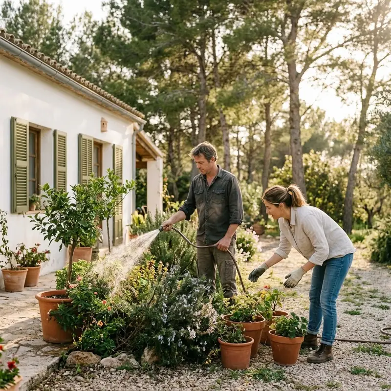 Pareja en el jardín de su chalet en una urbanización con pinos