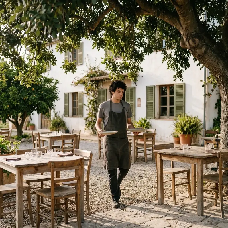 Terraza de un restaurante de campo con mesas bajo los árboles