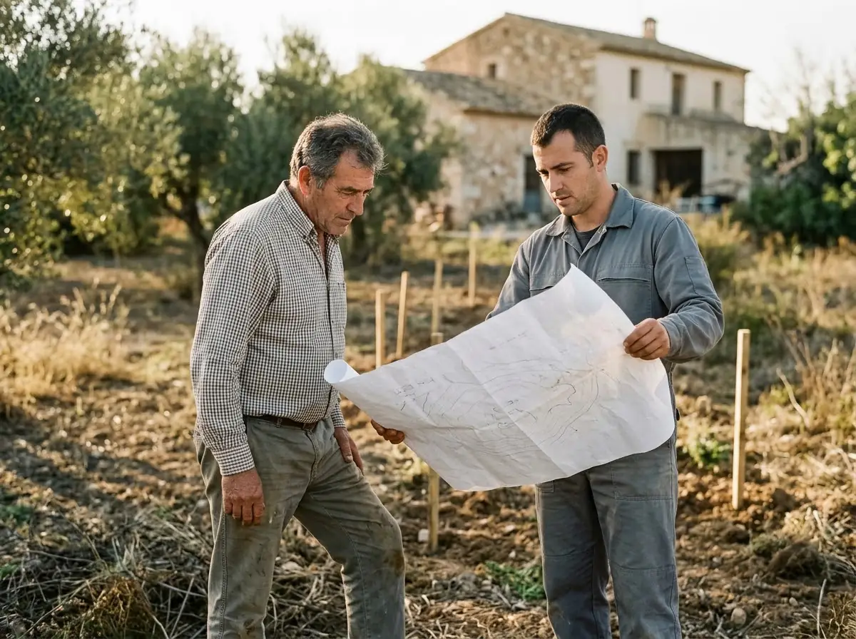 Propietario y técnico mirando un plano junto al terreno de una casa de campo