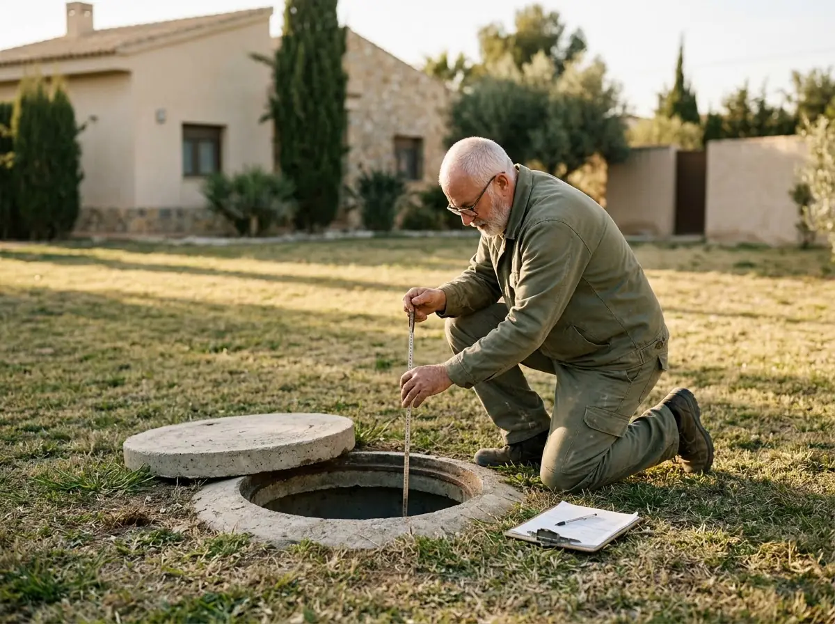 Técnico revisando el nivel de lodos de una fosa con una vara medidora