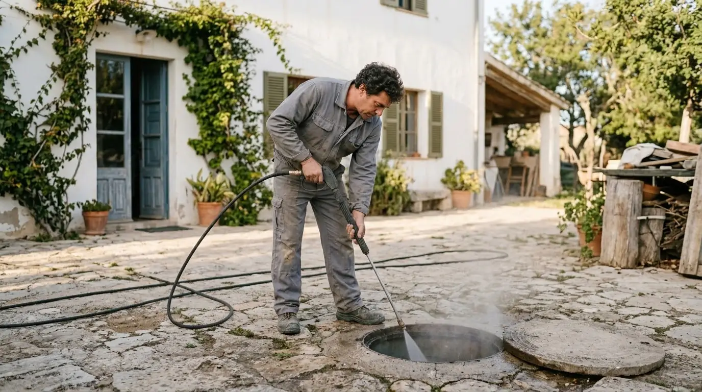 Operario limpiando con agua a presión una arqueta en el jardín de una casa