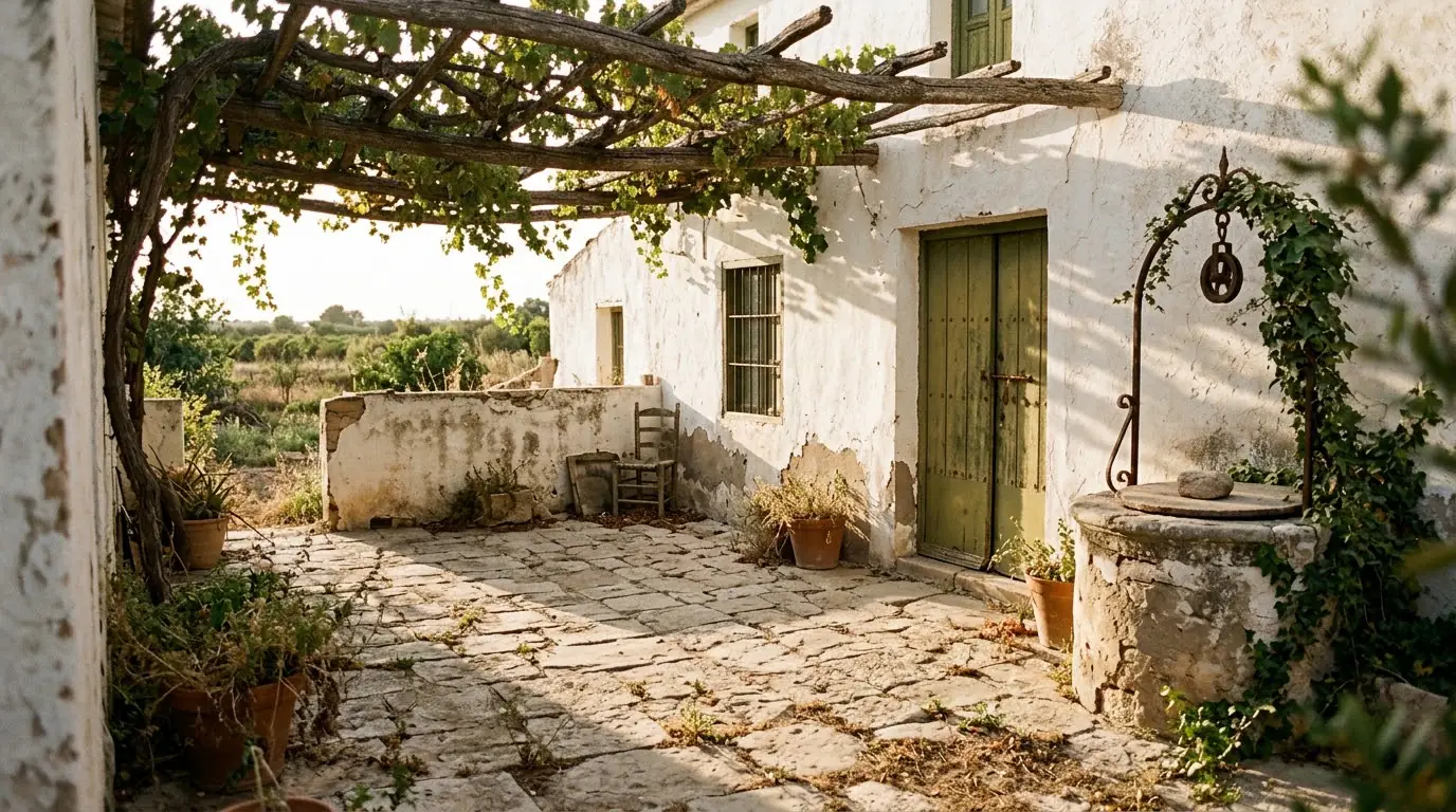 Casa de huerta antigua con la tapa de un pozo de piedra en el patio