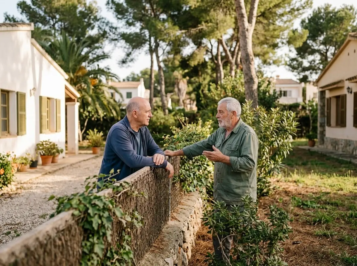 Dos vecinos hablando junto a la valla de sus casas en una urbanización