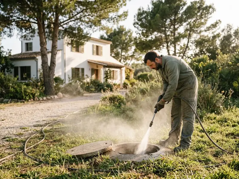 Operario limpiando una arqueta con agua a presión en el jardín de un chalet