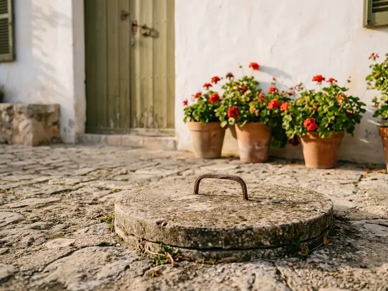 Tapa de hormigón de un pozo antiguo en el patio de una casa de pueblo